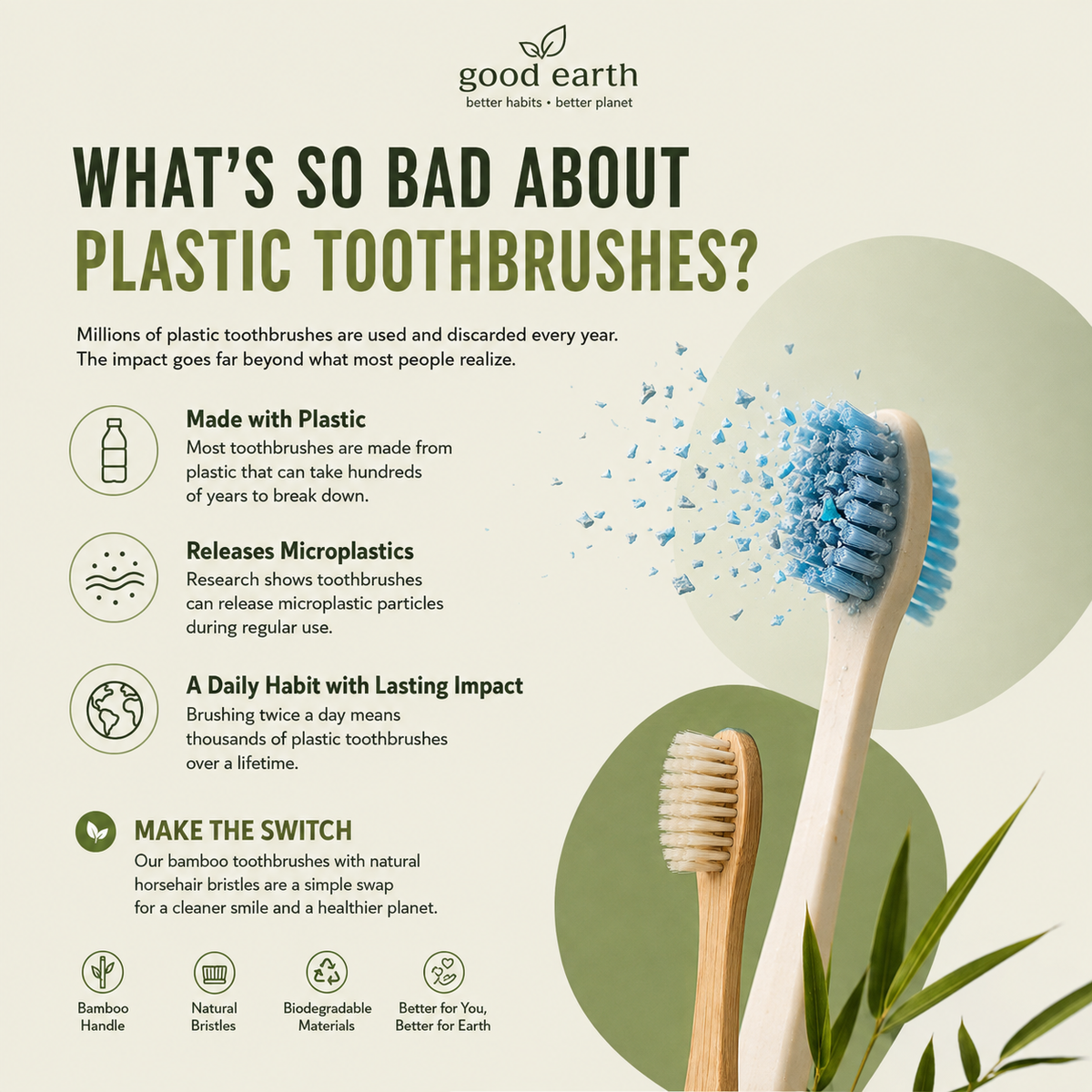 Good Earth Horse Bristle & Bamboo Toothbrush (5-Pack) - Luxurious & Soft Horse Bristles - Fully Biodegradable - Plastic & Nylon Free - Quick Dry Design