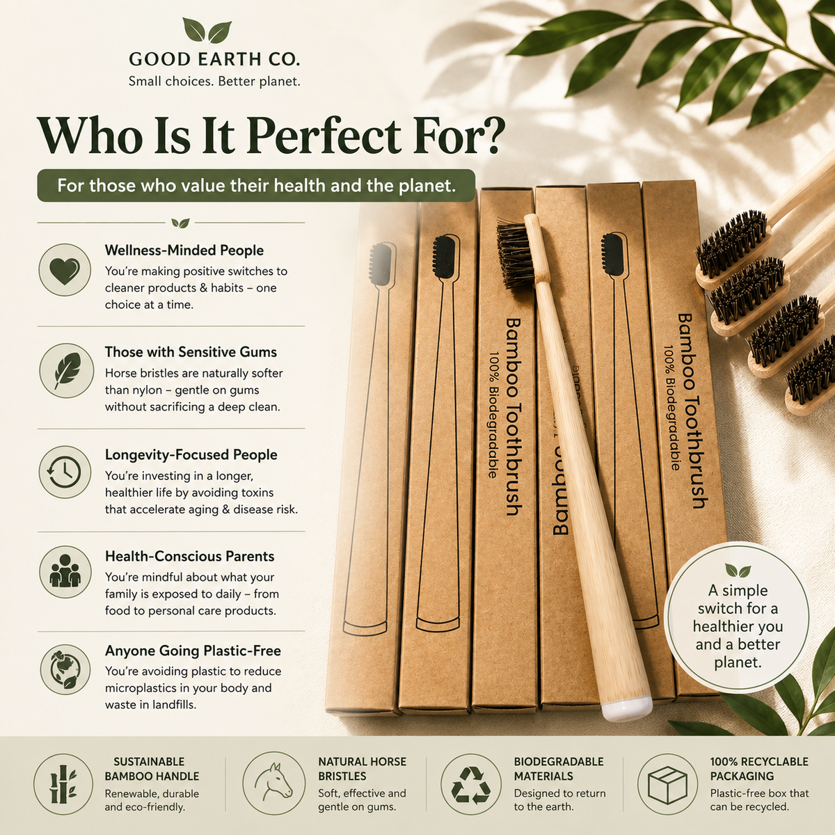 Good Earth Horse Bristle & Bamboo Toothbrush (5-Pack) - Luxurious & Soft Horse Bristles - Fully Biodegradable - Plastic & Nylon Free - Quick Dry Design