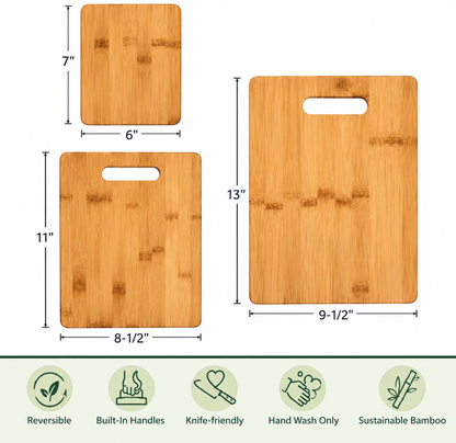 Bamboo Cutting Boards for Kitchen [Set of 3] Wood Cutting Board for Chopping Meat, Vegetables, Fruits, Cheese, Knife Friendly Serving Tray with Handles