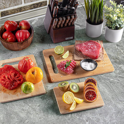 Bamboo Cutting Boards for Kitchen [Set of 3] Wood Cutting Board for Chopping Meat, Vegetables, Fruits, Cheese, Knife Friendly Serving Tray with Handles