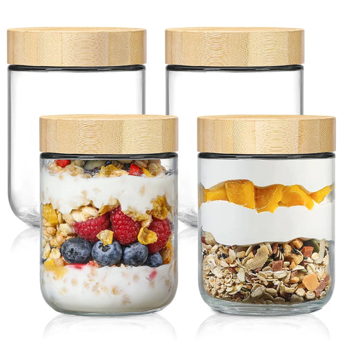 4Pack Glass Jars with Airtight Lid 16Oz over Night Oats Container with Bamboo Lids Glass Snack Storage Salad Jars, Yogurt, Sugar