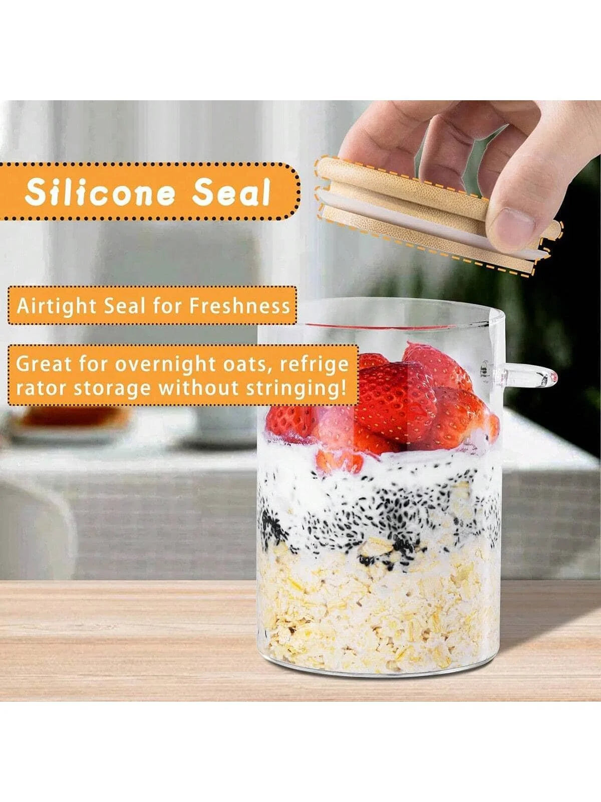 4 Pack Overnight Oats Jars Modern Glass Food Storage Containers with Airtight Bamboo Lids and Spoons Spoon Holders Portable Yogurt Parfait Cups for Meal Prep Breakfast Salad Kitchen Pantry Storage Gift