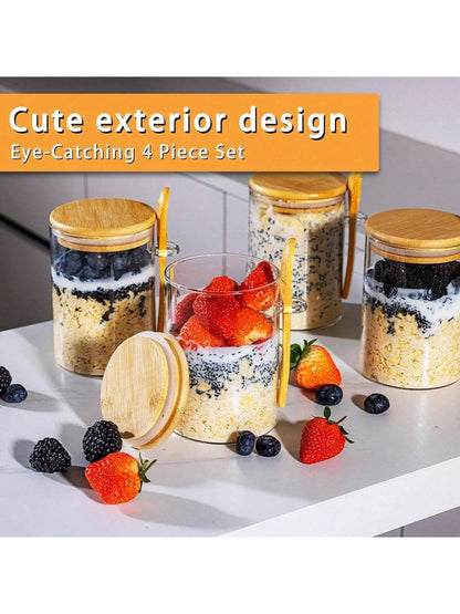 4 Pack Overnight Oats Jars Modern Glass Food Storage Containers with Airtight Bamboo Lids and Spoons Spoon Holders Portable Yogurt Parfait Cups for Meal Prep Breakfast Salad Kitchen Pantry Storage Gift