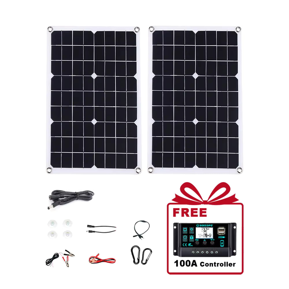 1000W Portable Solar Panel Kit for Home Gardening & Camping – 2×500W Panels with 100A Charge Controller & USB