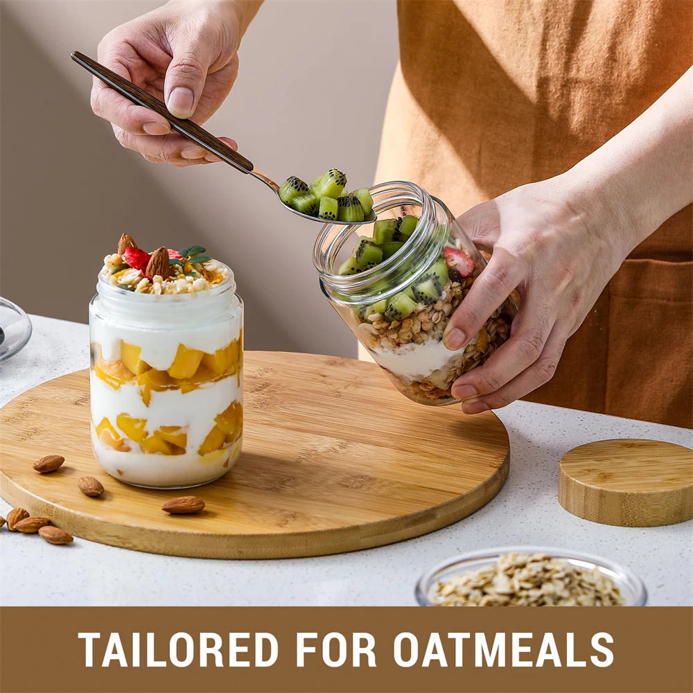 4Pack Glass Jars with Airtight Lid 16Oz over Night Oats Container with Bamboo Lids Glass Snack Storage Salad Jars, Yogurt, Sugar