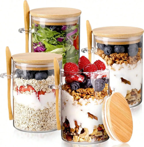 4 Pack Overnight Oats Jars Modern Glass Food Storage Containers with Airtight Bamboo Lids and Spoons Spoon Holders Portable Yogurt Parfait Cups for Meal Prep Breakfast Salad Kitchen Pantry Storage Gift