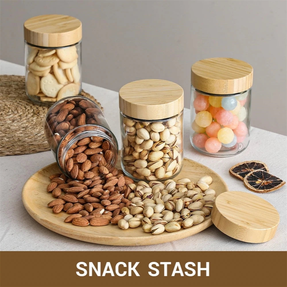 4Pack Glass Jars with Airtight Lid 16Oz over Night Oats Container with Bamboo Lids Glass Snack Storage Salad Jars, Yogurt, Sugar