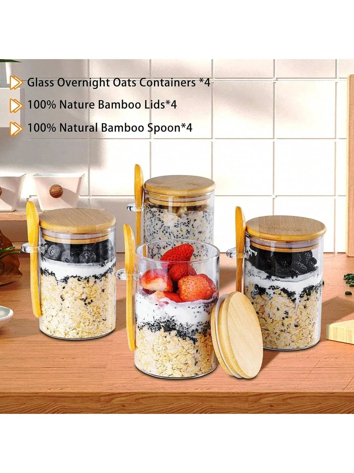 4 Pack Overnight Oats Jars Modern Glass Food Storage Containers with Airtight Bamboo Lids and Spoons Spoon Holders Portable Yogurt Parfait Cups for Meal Prep Breakfast Salad Kitchen Pantry Storage Gift