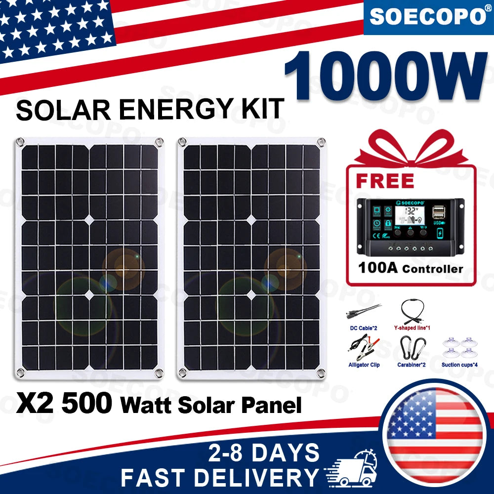 1000W Portable Solar Panel Kit 2*500W Photovoltaic Panels for Camping Free 100A Controller USB Home Balcony