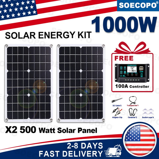 1000W Portable Solar Panel Kit 2*500W Photovoltaic Panels for Camping Free 100A Controller USB Home Balcony
